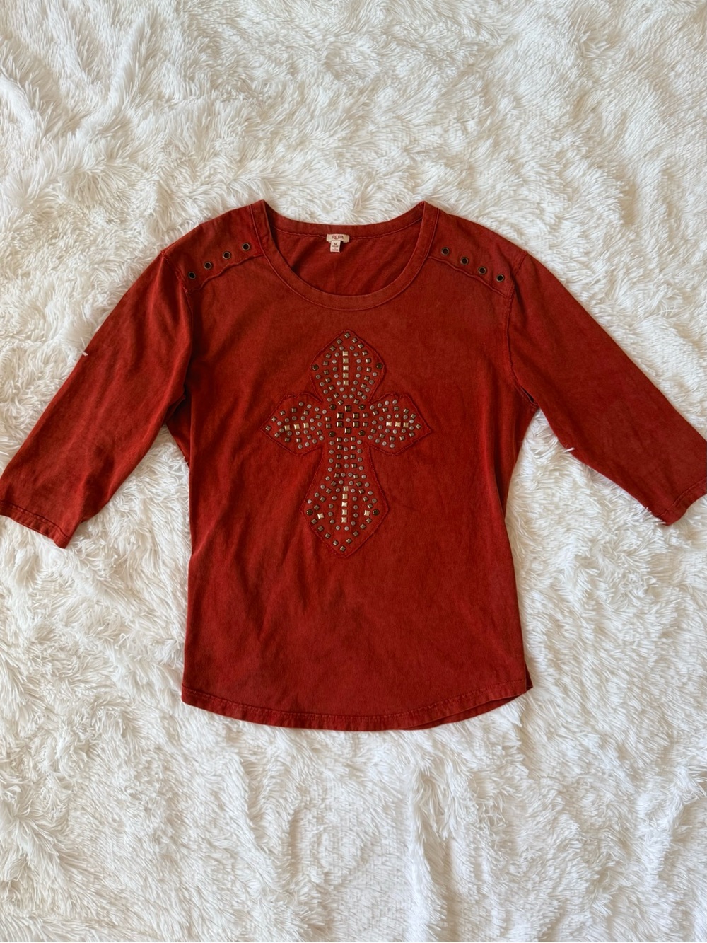 Reba Rust Red Studded Cross 3/4 Sleeve Top